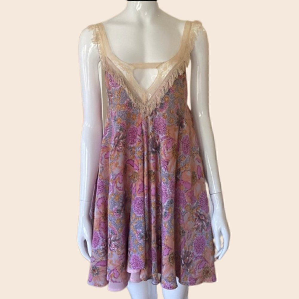 Lady Pink Floral Fringe Tent Summer Mini Dress Size Small